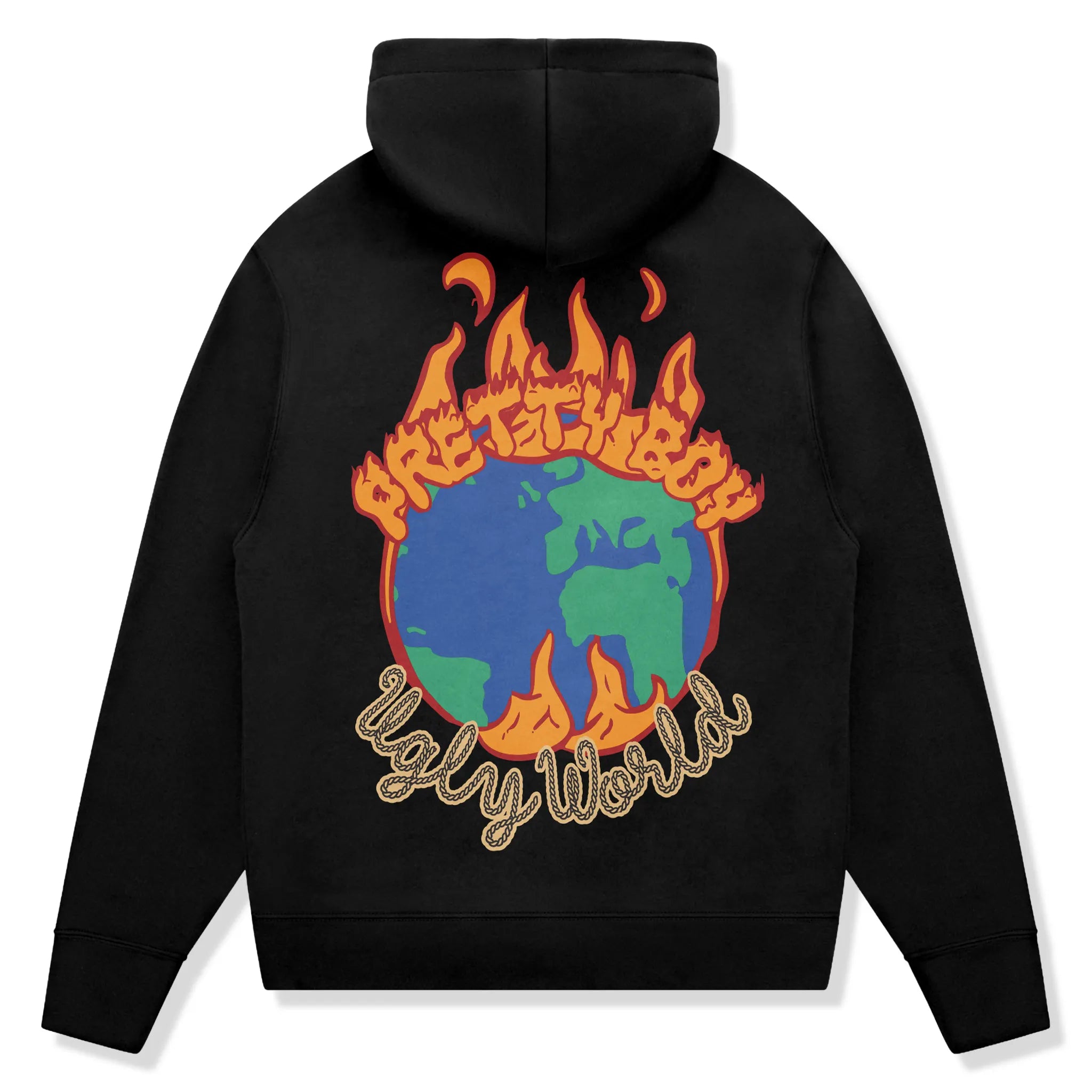 Back View of Pretty Boy Ugly World Fire Black Hoodie 310103390